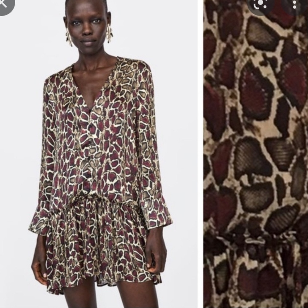 Zara XS drop waist ruffle animal print red/black mini tunic dress